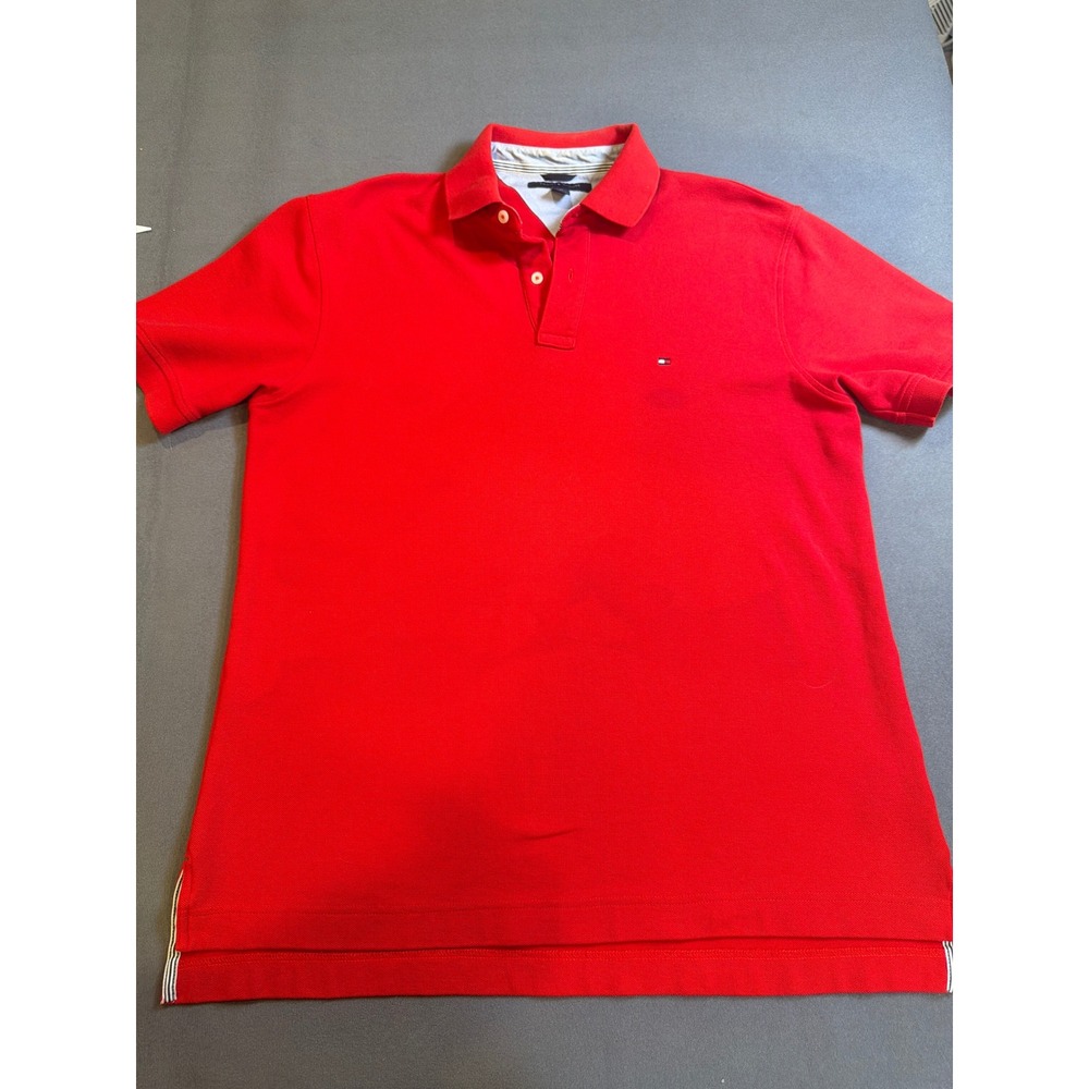 Tommy Hilfiger Mens Polo Shirt Large Red Short Sleeve Pique Classic Flag Logo